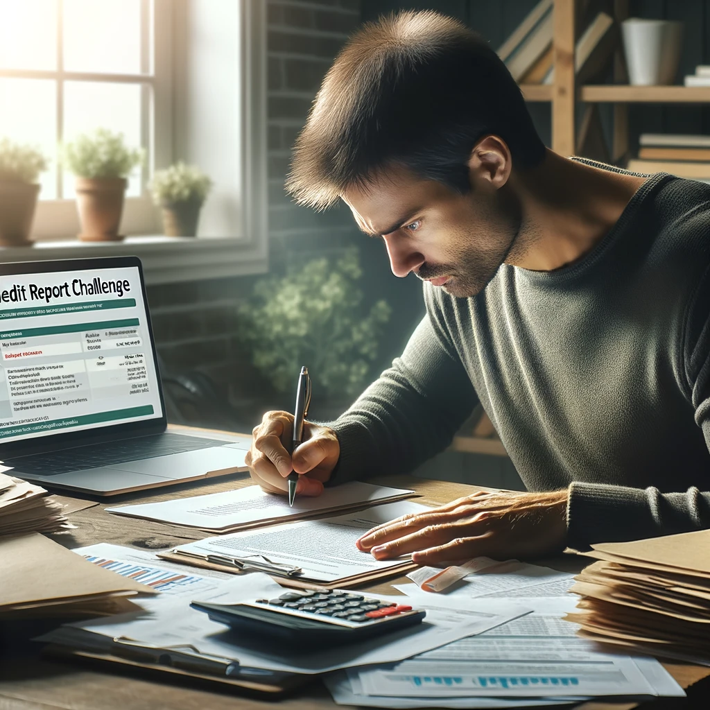 DALL·E 2024-04-10 05.09.43 - Craft a realistic image showing a person at a desk, surrounded by paperwork and a laptop open to a credit score website. The individual appears focuse